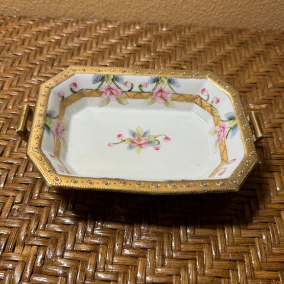Antique Imperial Nippon Porcelain Handled Tray With Floral Design & Gilded Trim - Picture 1 of 9